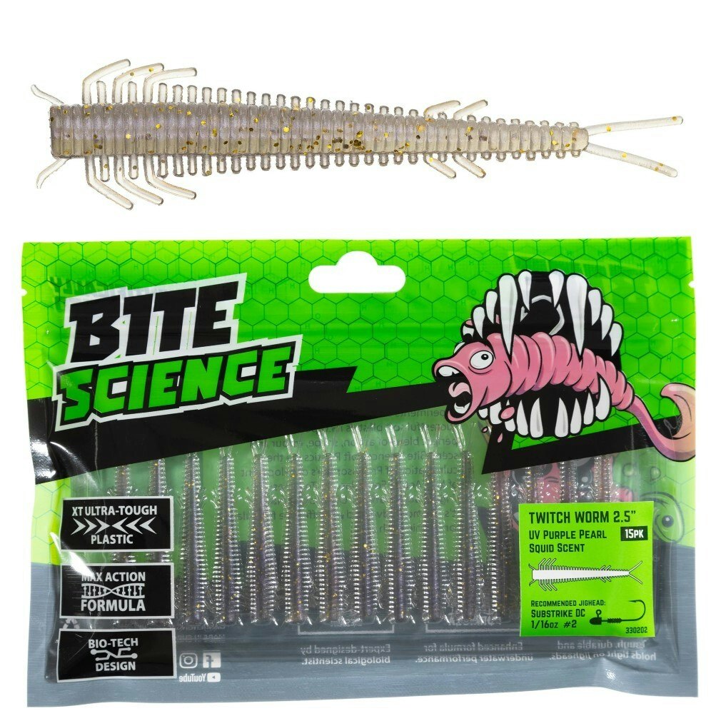 15 Pack of 2.5 Inch Bite Science Twitch Worm Soft Plastic Lures-UV Purple Pearl