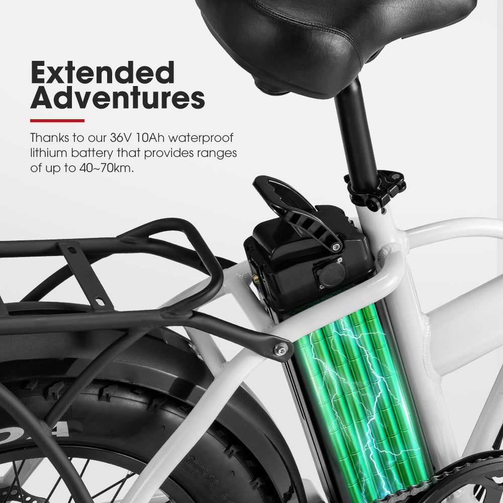 VOR 20" Folding Electric Bike 250W Brushless Shimano 4" Fat Tires 7 Speed White
