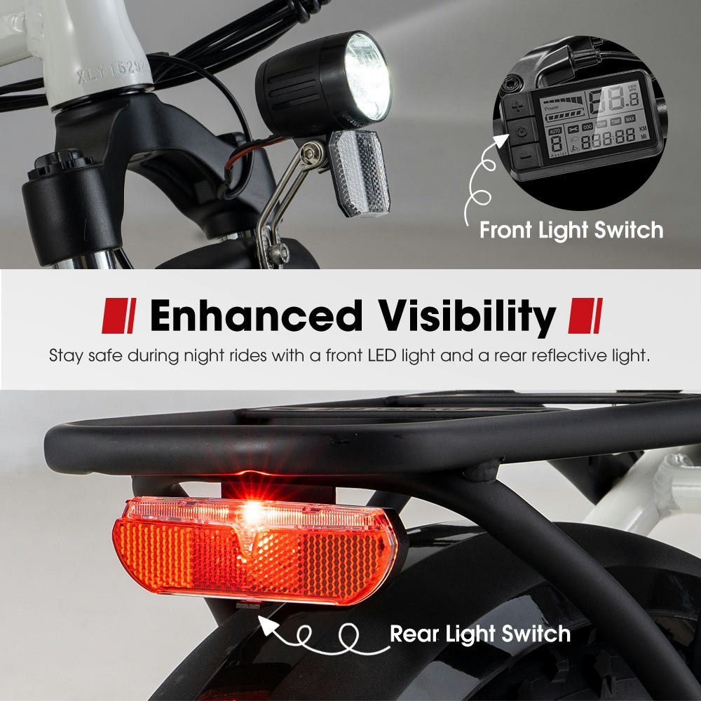 VOR 20" Folding Electric Bike 250W Brushless Shimano 4" Fat Tires 7 Speed White