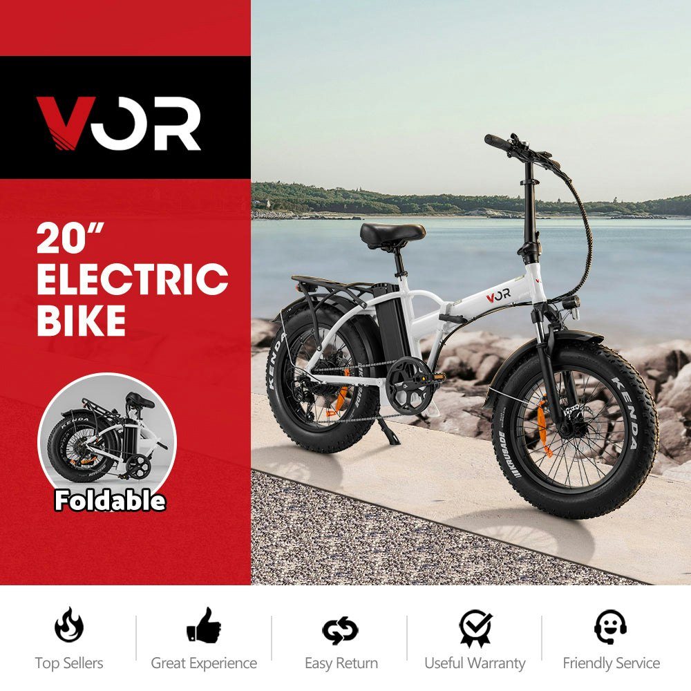 VOR 20" Folding Electric Bike 250W Brushless Shimano 4" Fat Tires 7 Speed White
