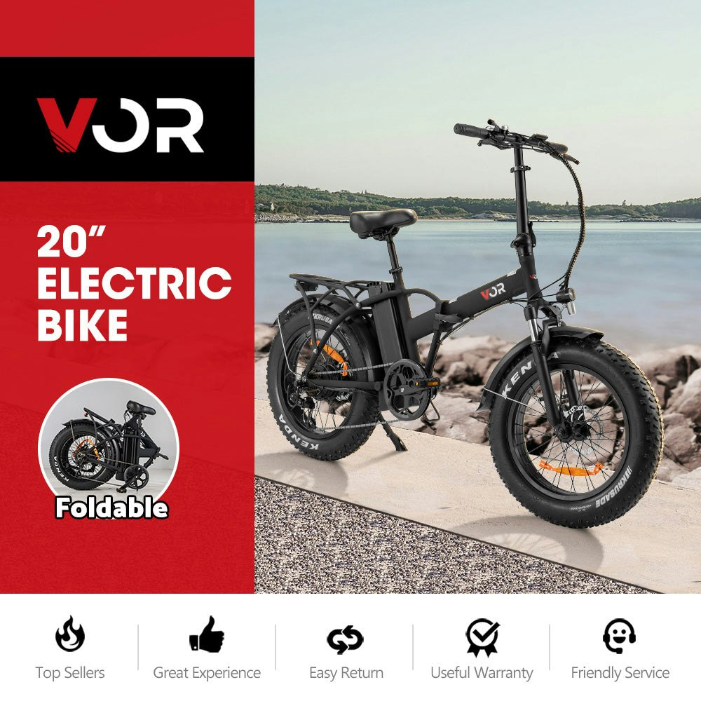 VOR 20" Folding Electric Bike 250W Brushless Shimano 4" Fat Tires 7 Speed Black