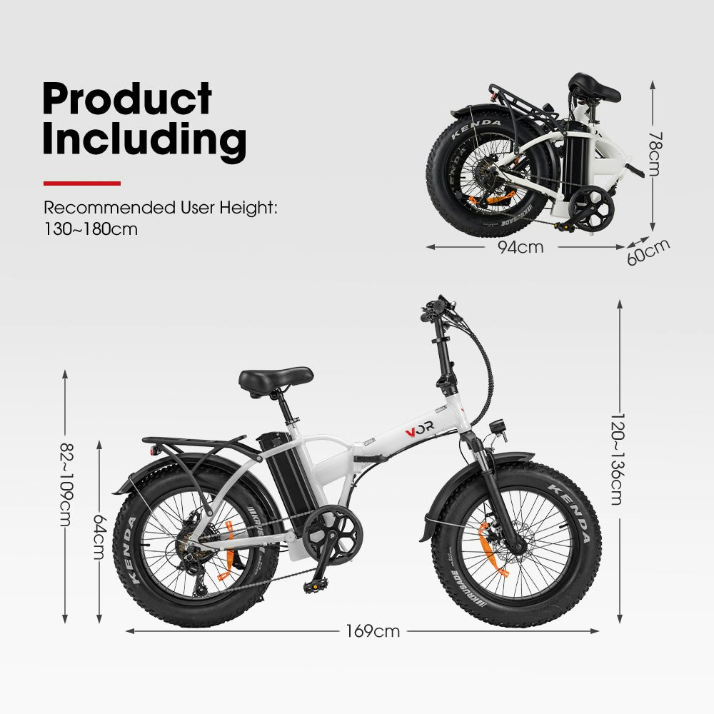 VOR 20" Folding Electric Bike 250W Brushless Shimano 4" Fat Tires 7 Speed White