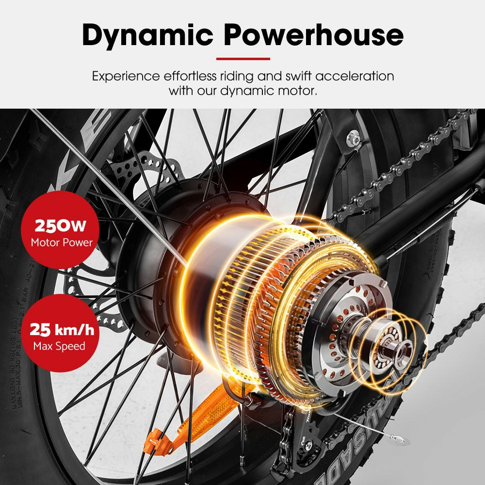 VOR 20" Folding Electric Bike 250W Brushless Shimano 4" Fat Tires 7 Speed Black