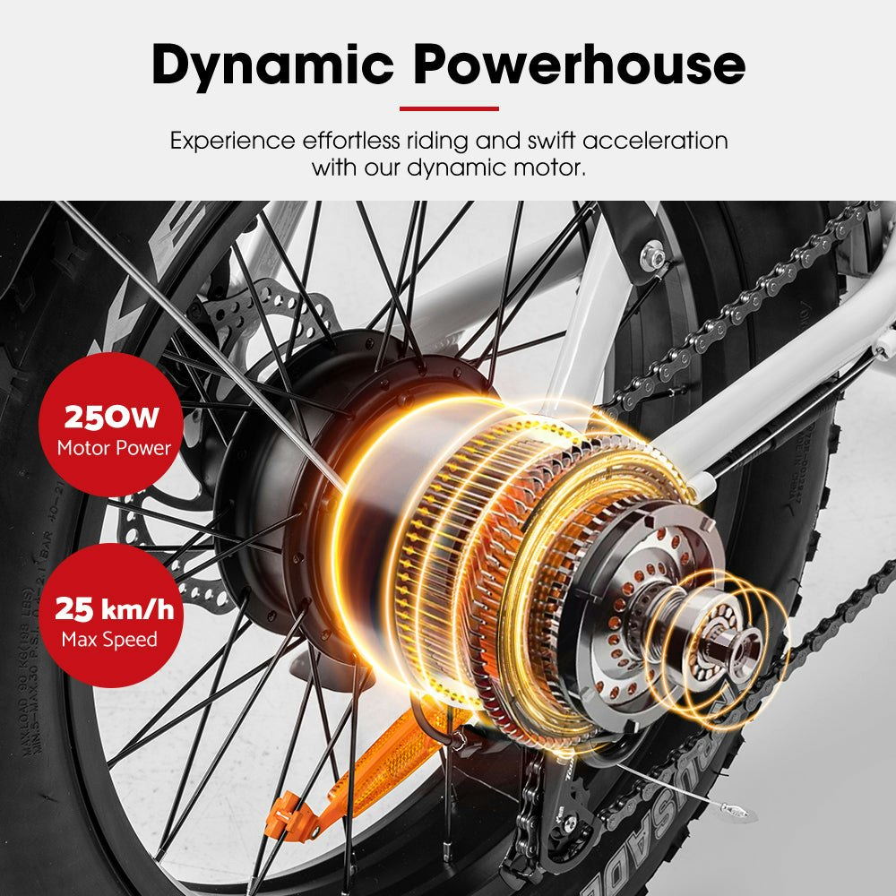 VOR 20" Folding Electric Bike 250W Brushless Shimano 4" Fat Tires 7 Speed White