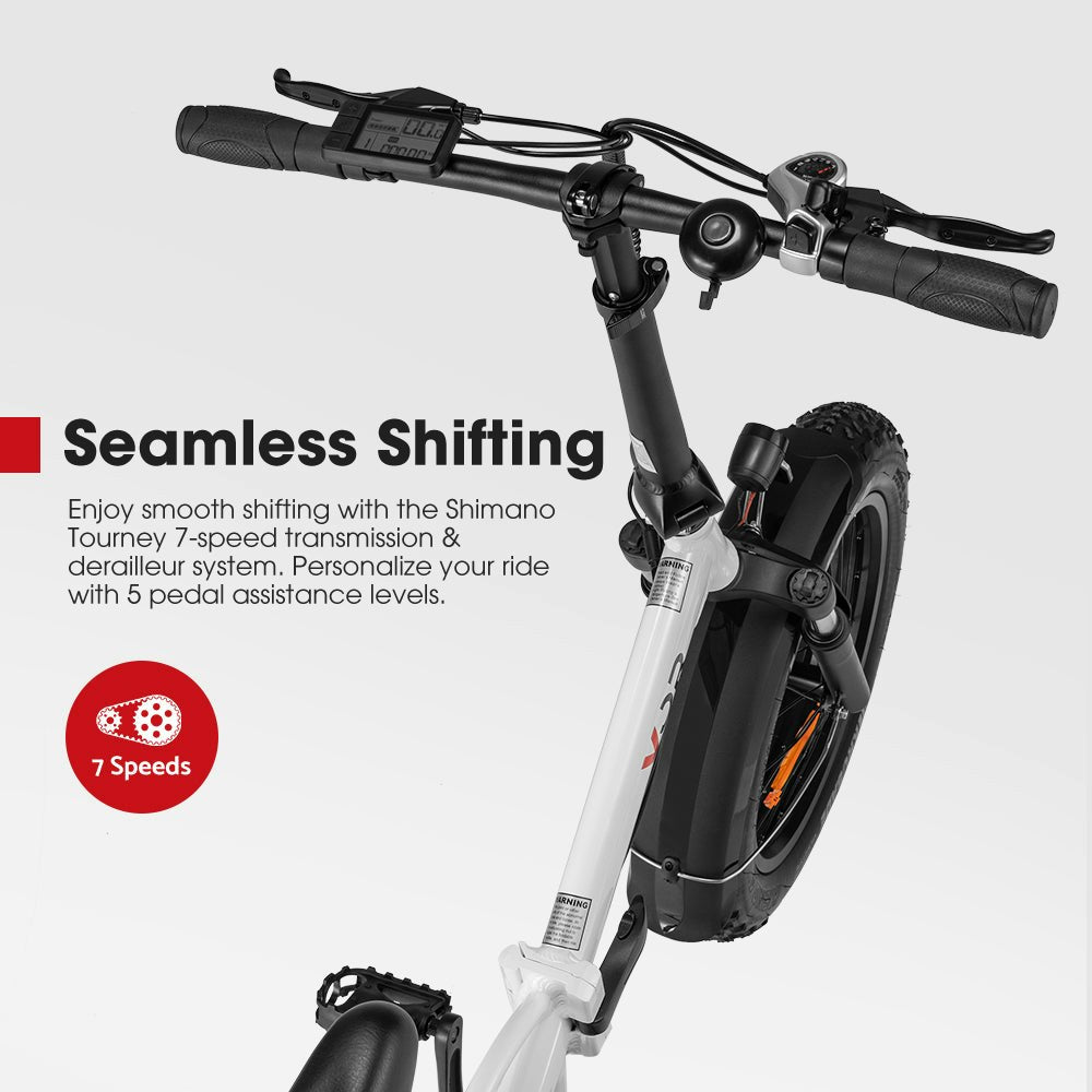 VOR 20" Folding Electric Bike 250W Brushless Shimano 4" Fat Tires 7 Speed White