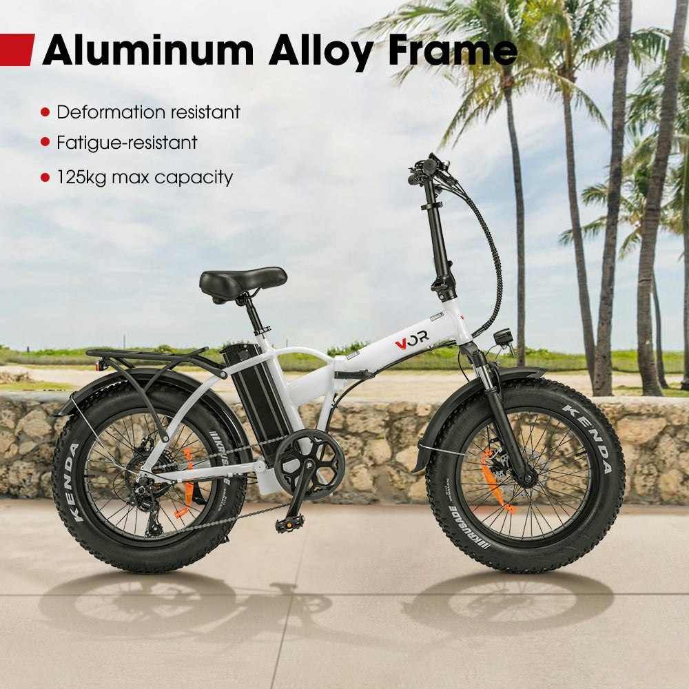 VOR 20" Folding Electric Bike 250W Brushless Shimano 4" Fat Tires 7 Speed White