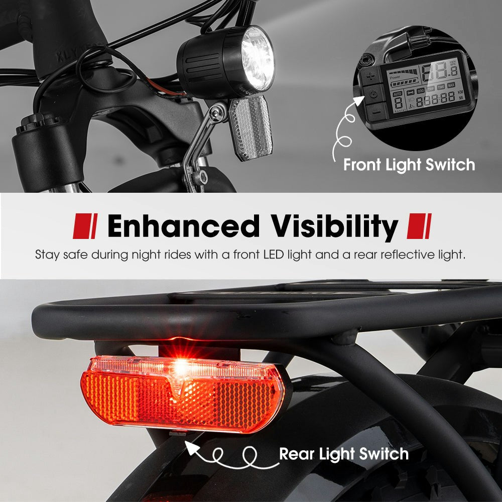 VOR 20" Folding Electric Bike 250W Brushless Shimano 4" Fat Tires 7 Speed Black