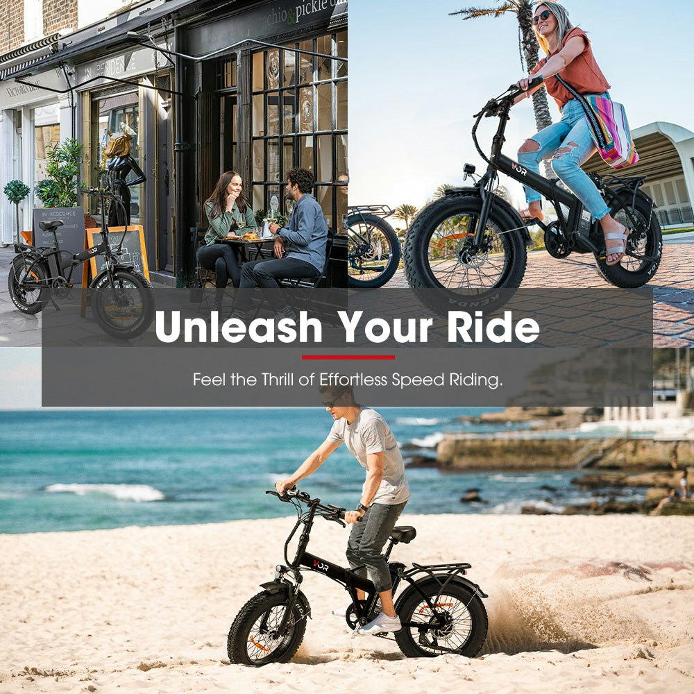 VOR 20" Folding Electric Bike 250W Brushless Shimano 4" Fat Tires 7 Speed Black