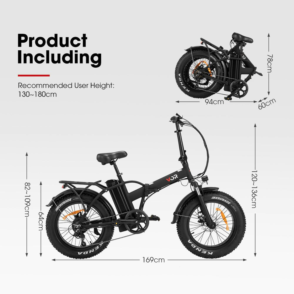 VOR 20" Folding Electric Bike 250W Brushless Shimano 4" Fat Tires 7 Speed Black