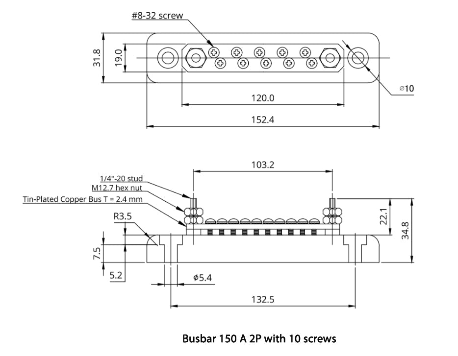 Victron Busbar 150A 2P/Terminals with 10 Screws & Cover