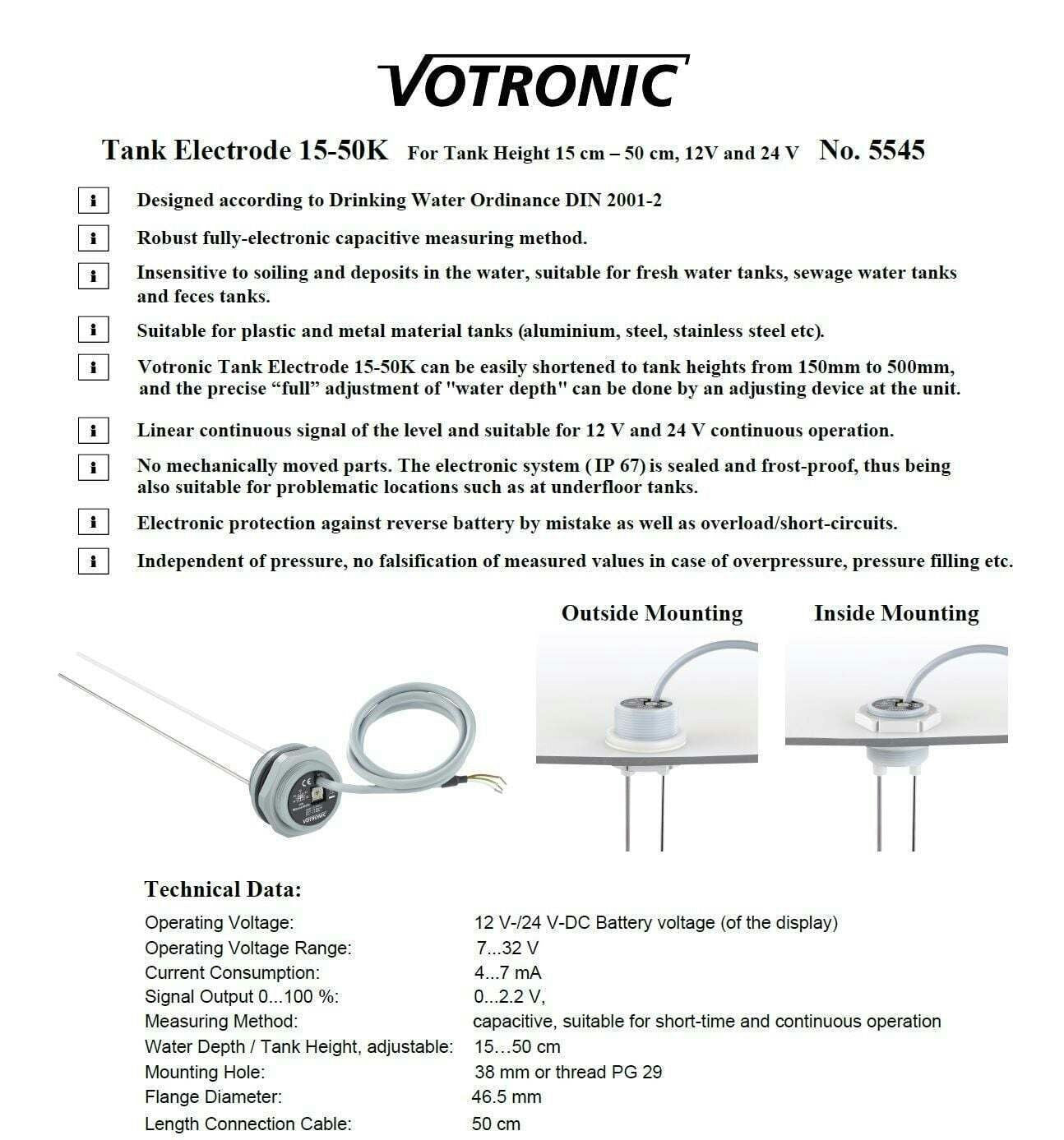 Votronic Tank Level Sensor Electrode 15-50K plus Tank Display S - Grey Water