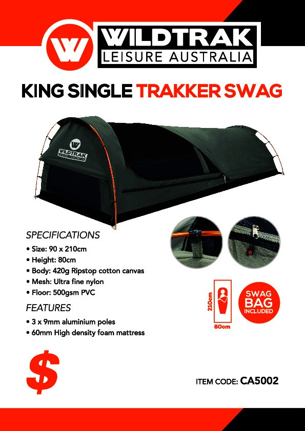 Wildtrak King Single 210x90cm Trakker Swag Camping Tent w/ Canvas Bag Grey/Black