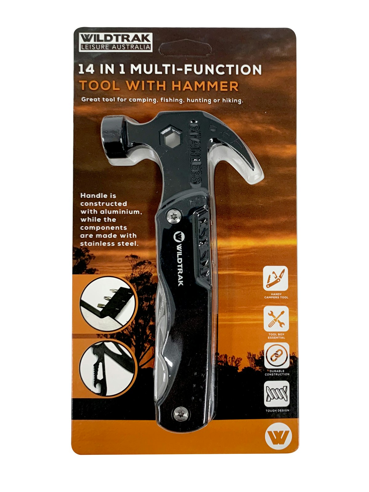 Wildtrak 14-in-1 Handy Aluminium Multi Tool w/ Hammer Outdoor Camping Black