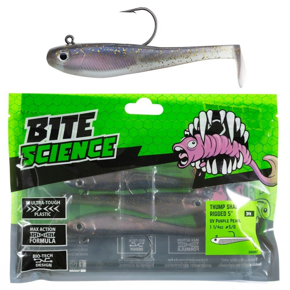 3 Pack of 5 Inch Bite Science Thump Shad Rigged Soft Plastics - UV Purple Pearl