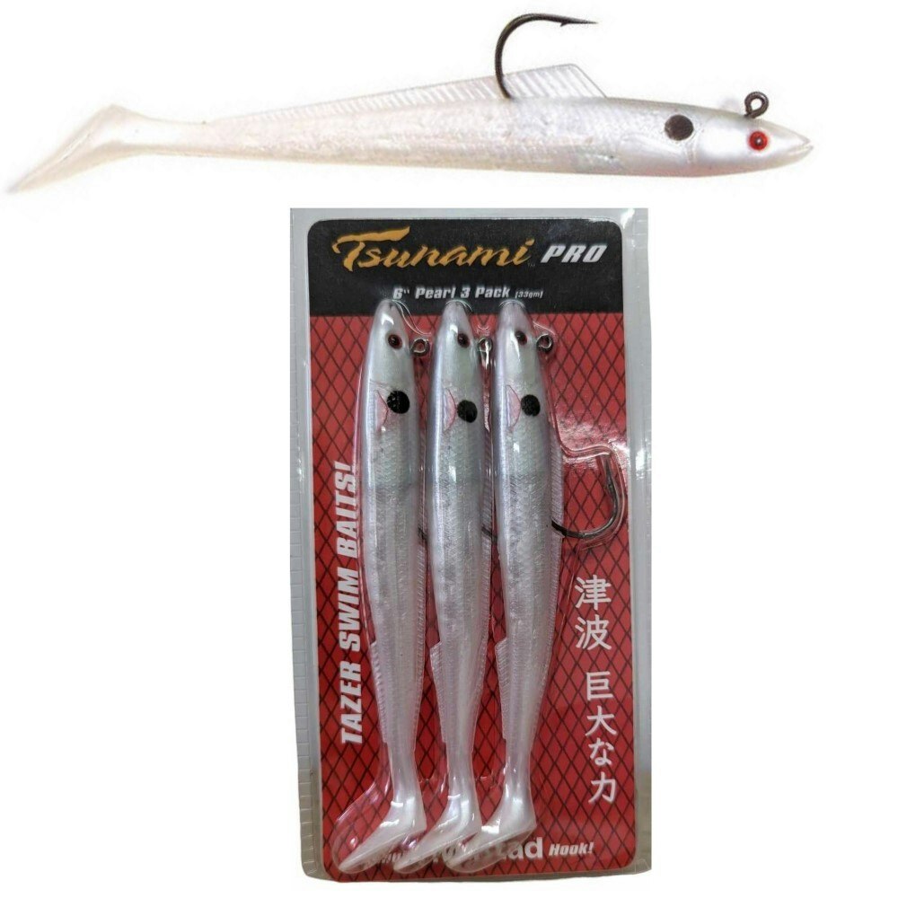 3 Pack of 6 Inch Rigged Tsunami Tazer Swim Bait Soft Plastic Lures - Pearl