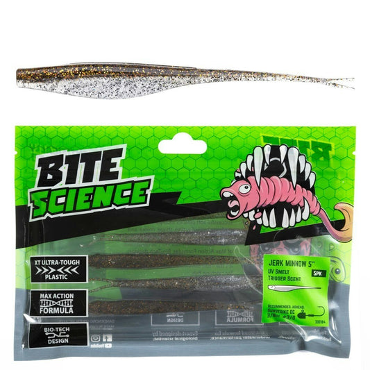 5 Pack of 5 Inch Bite Science Jerk Minnow Soft Plastic Lures - UV Smelt