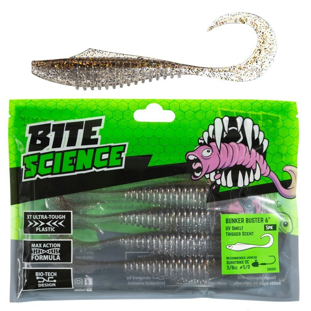 5 Pack of 6 Inch Bite Science Bunker Buster Soft Plastic Lures - UV Smelt