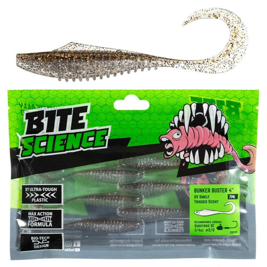 7 Pack of 4 Inch Bite Science Bunker Buster Soft Plastic Lures - UV Smelt