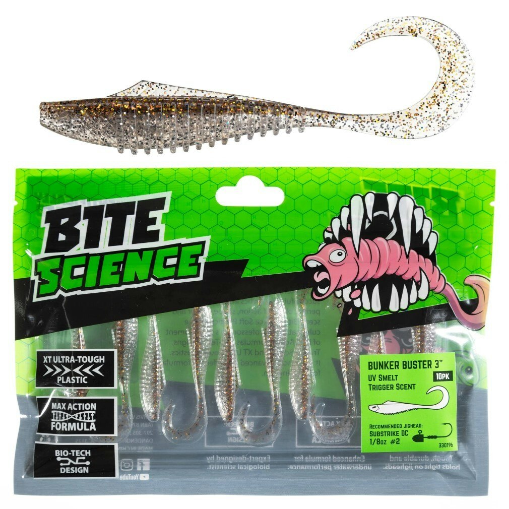 10 Pack of 3 Inch Bite Science Bunker Buster Soft Plastic Lures - UV Smelt