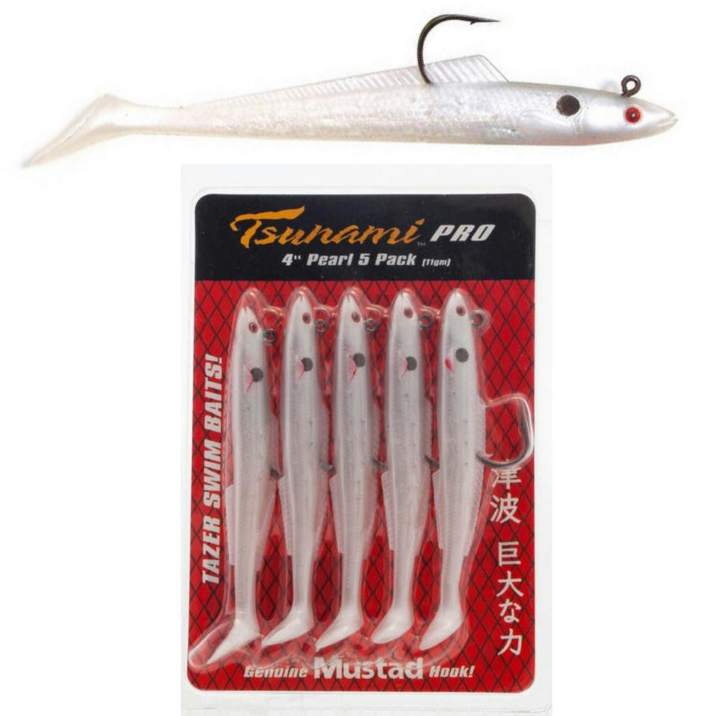 5 Pack of 4 Inch Rigged Tsunami Tazer Swim Bait Soft Plastic Lures - Pearl