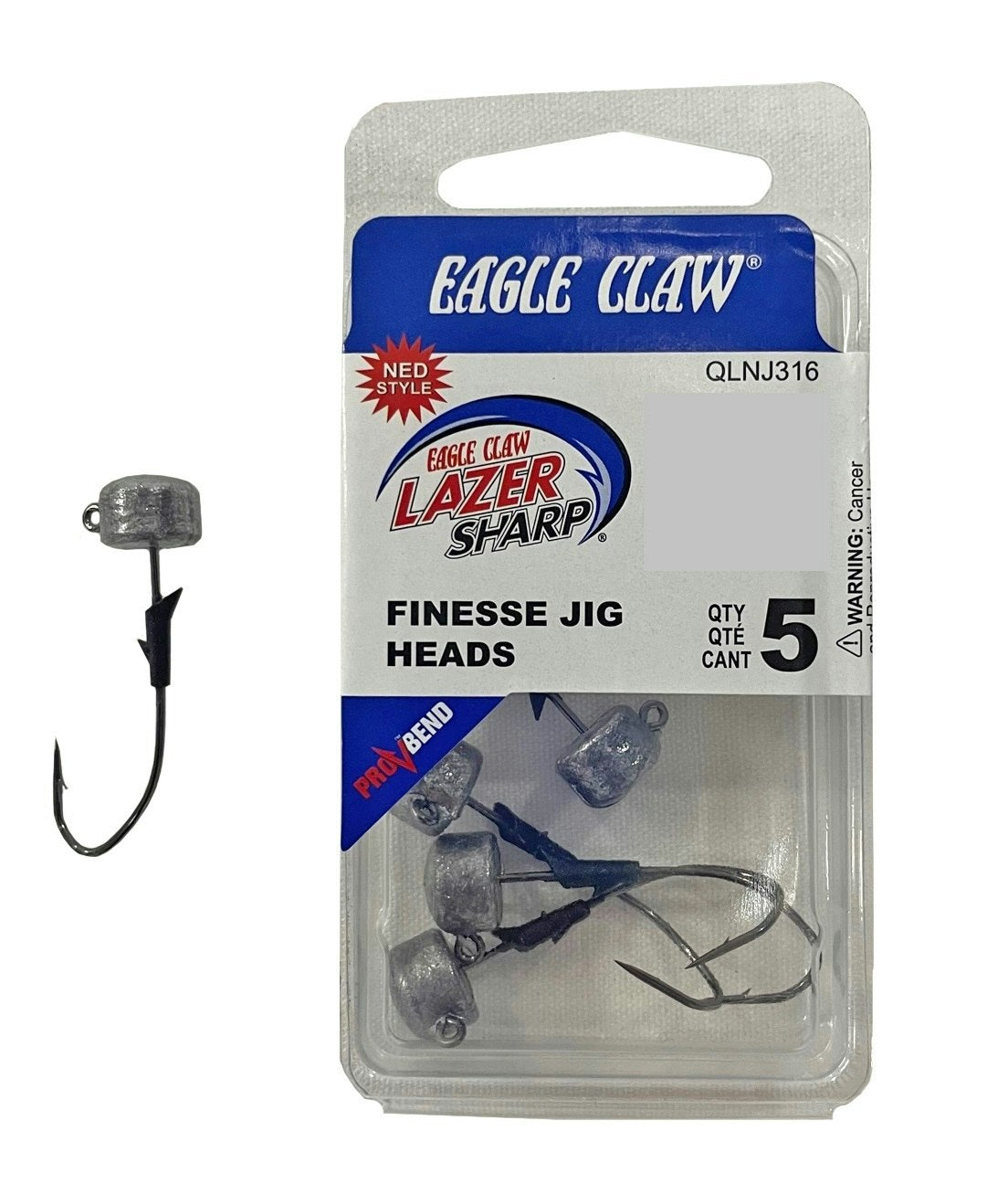 5 Pack of Unpainted 3/16oz Eagle Claw Lazer Sharp Size 2/0 Finesse Jig Heads