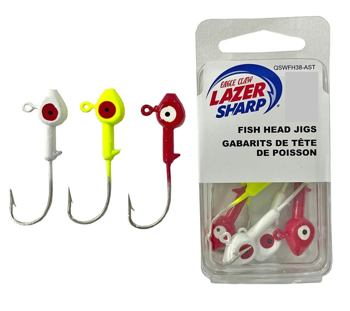 10 Pack of 1/4oz Size 2/0 Eagle Claw Lazer Sharp Fish Head Jigs-Assorted Colours