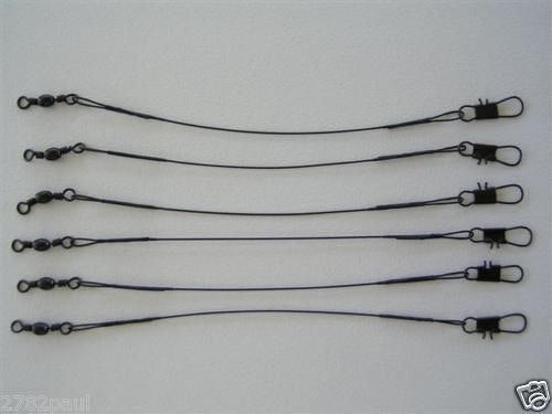 6 x Wilson 6 Inch x 40lb Black Wire Fishing Trace with Barrel Swivel & Interlock Snaps