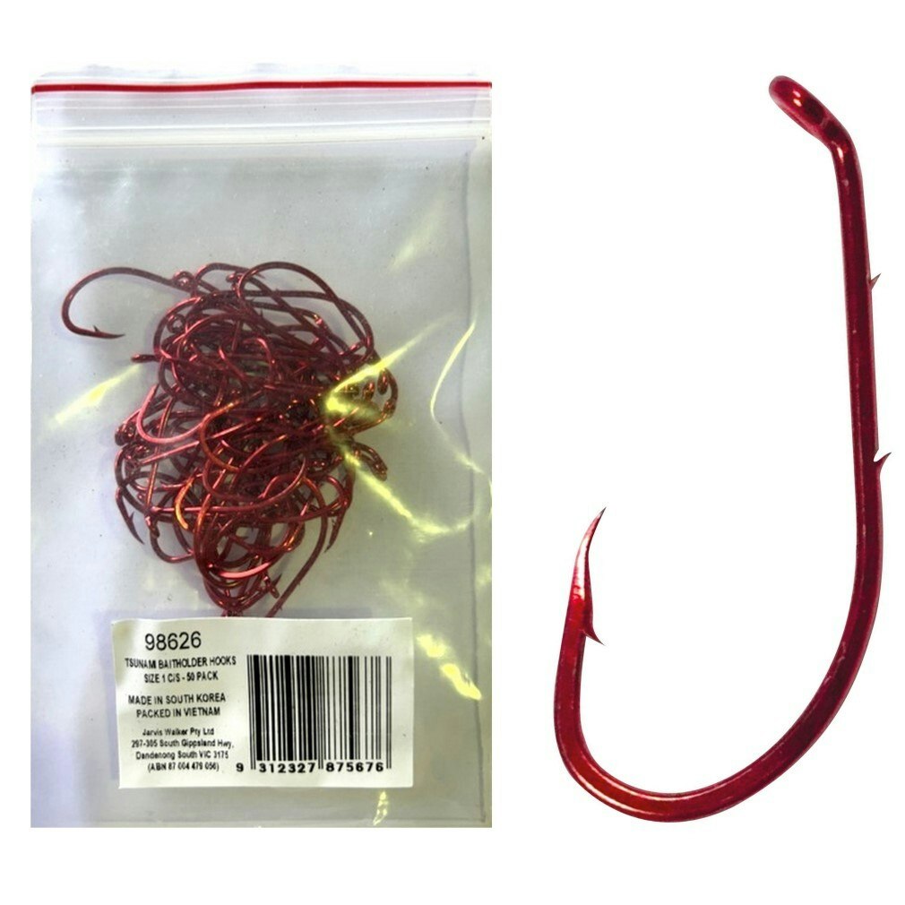 50 Pack of Tsunami Size 1 Red Chemically Sharpened Baitholder Hooks