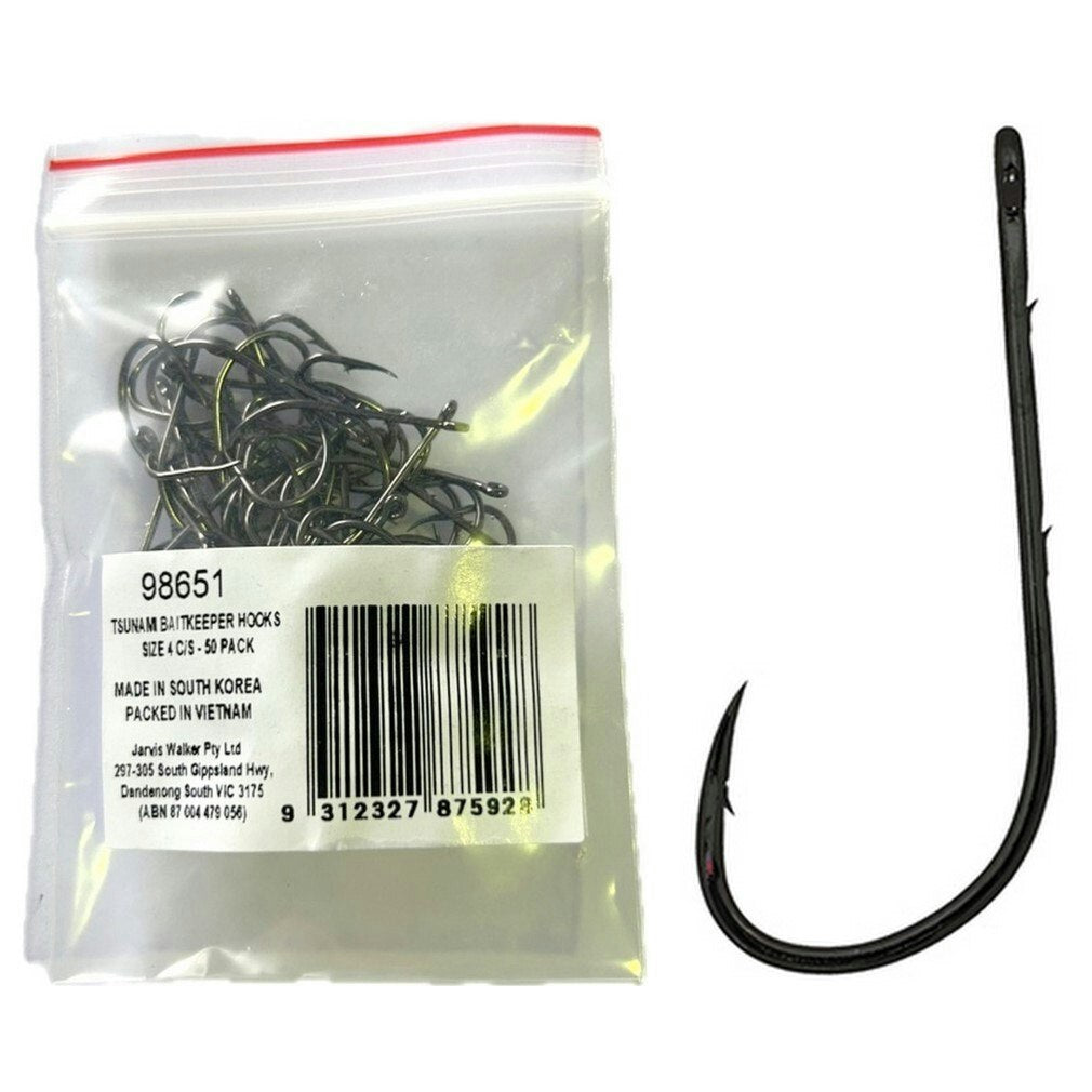 50 Pack of Tsunami Size 4 Chemically Sharpened Black Nickel Baitkeeper Hooks