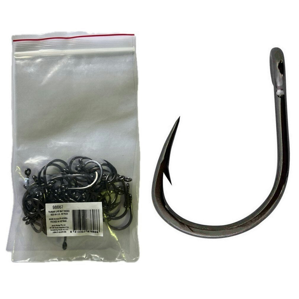 50 Pack of Tsunami Size 8/0 Black Nickel Live Bait Hooks - Chemically Sharpened