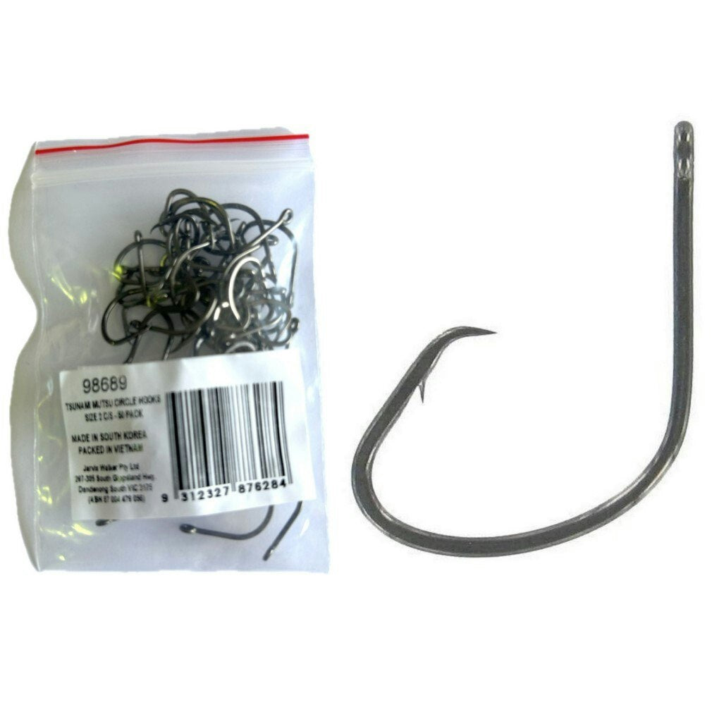 50 Pack of Tsunami Size 2 Black Nickel Mutsu Circle Hooks - Chemically Sharpened