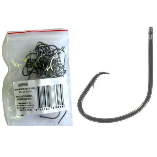 50 Pack of Tsunami Size 2 Black Nickel Mutsu Circle Hooks - Chemically Sharpened