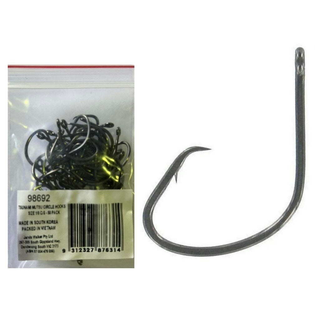 50 Pack of Tsunami Size 1/0 Black Nickel Mutsu Circle Hooks-Chemically Sharpened