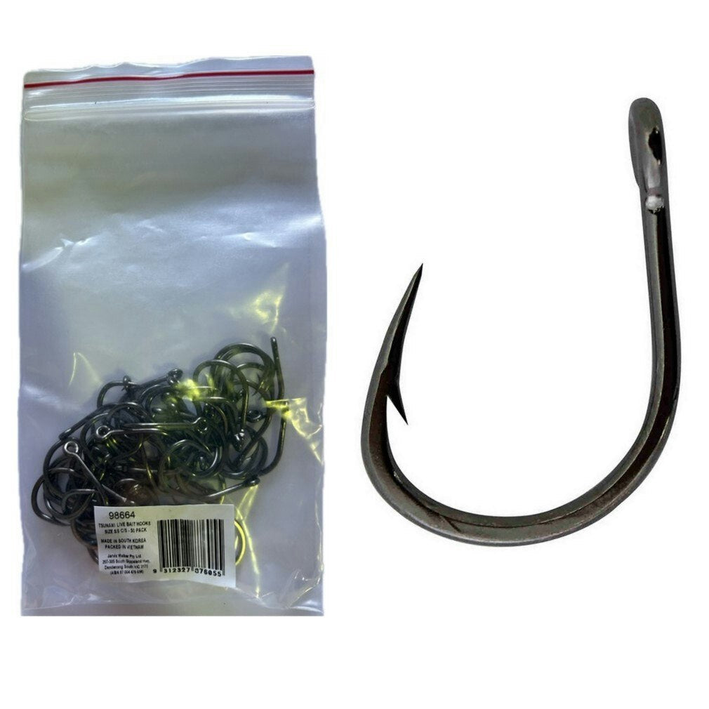 50 Pack of Tsunami Size 5/0 Black Nickel Live Bait Hooks - Chemically Sharpened