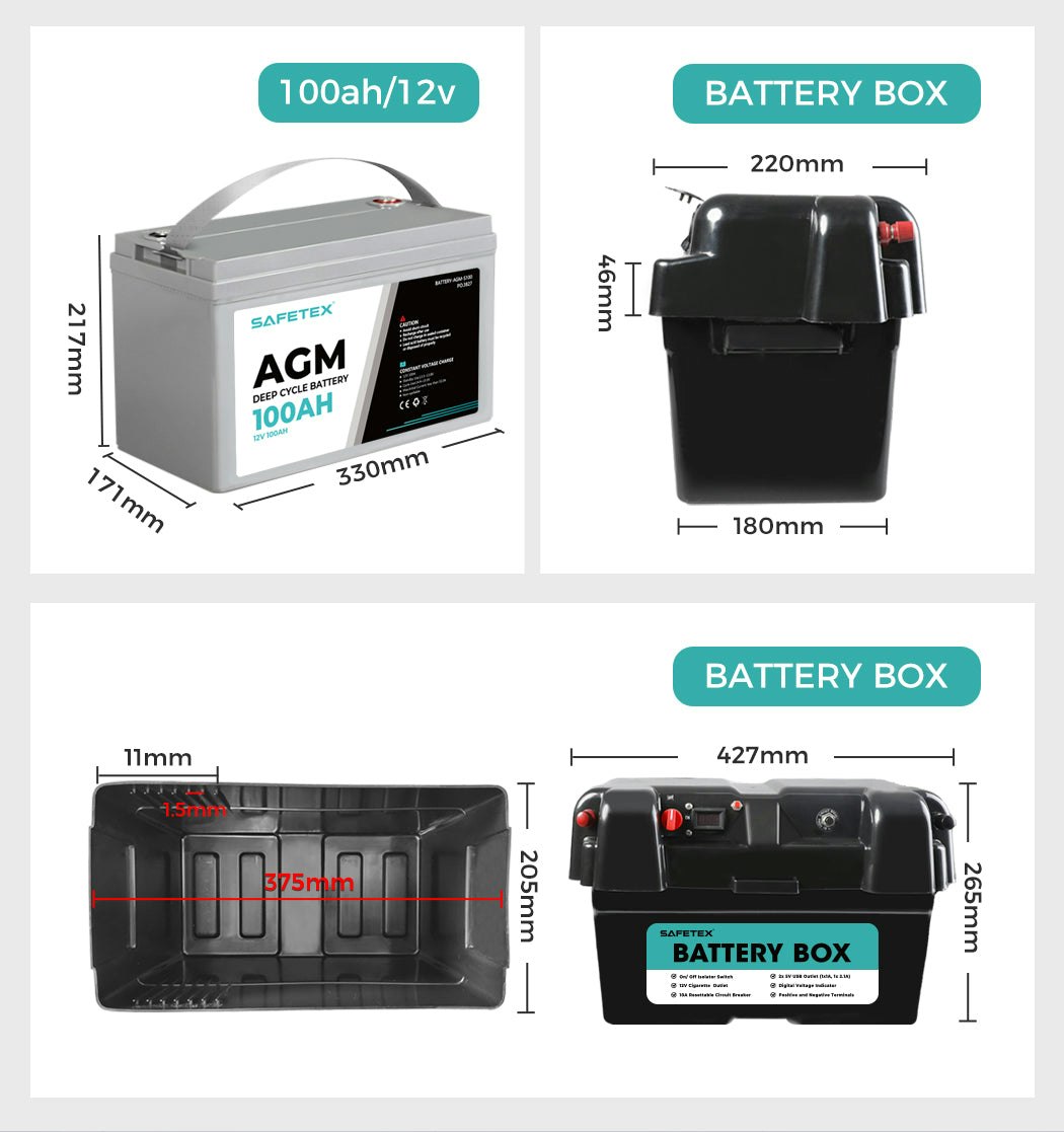 12V 100Ah AGM Battery Outdoor Rv Marine 4WD Deep Cycle & W/ Strap Battery Box