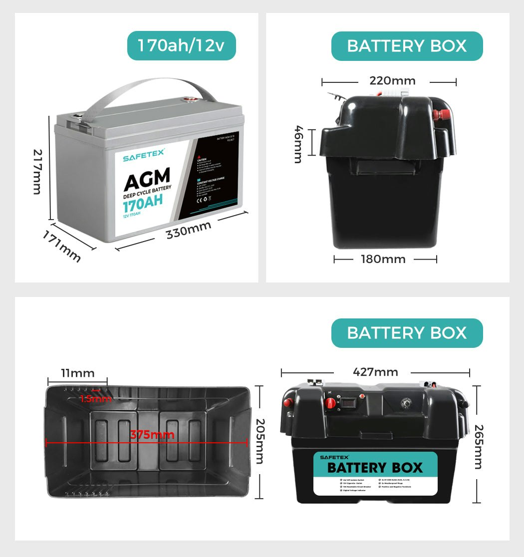 AGM Battery 12V 170Ah Deep Cycle with Battery Box Anderson Plug 2x USB Caravan