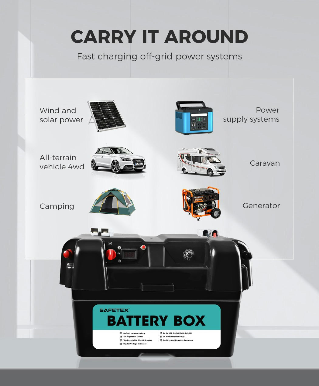 AGM Battery 12V 170Ah Deep Cycle with Battery Box Anderson Plug 2x USB Caravan