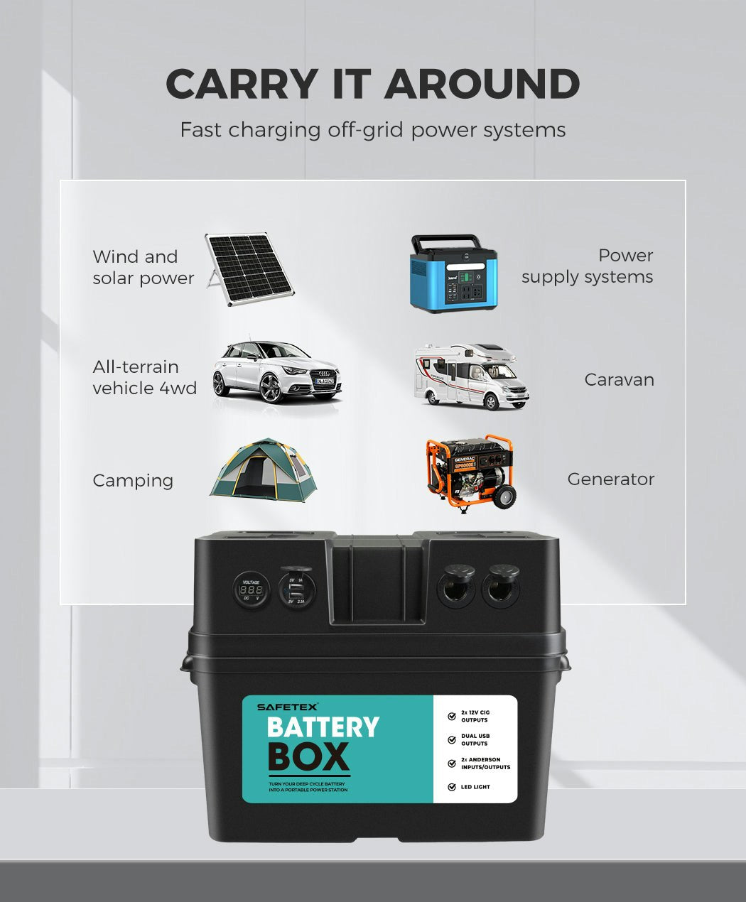 AGM Battery Deep Cycle 170Ah with 12V Battery Box Anderson Plug USB LED Light