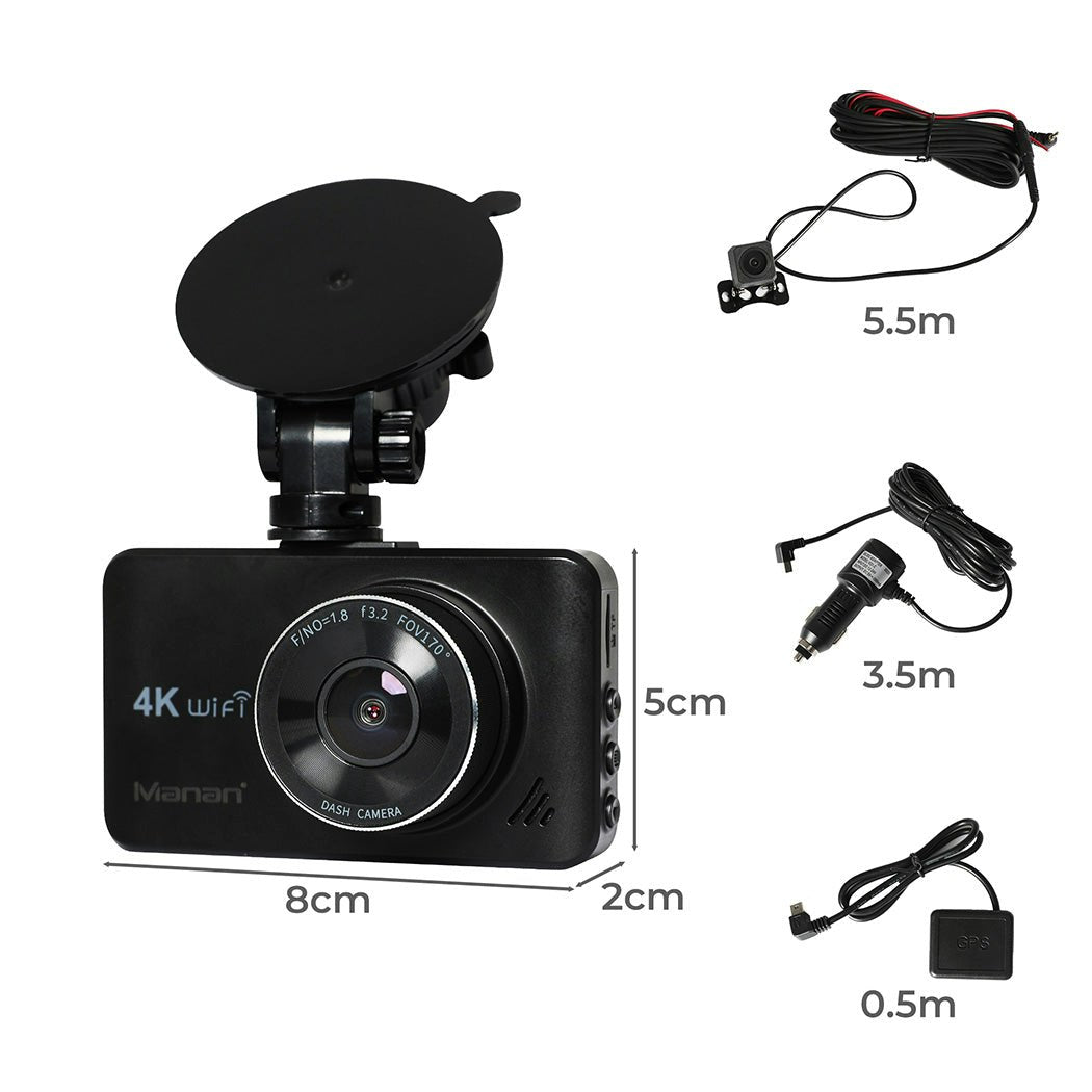 Dual Dash Camera Front and Rear Wifi 4K GPS Dashcam Car Camera Free 64G Card