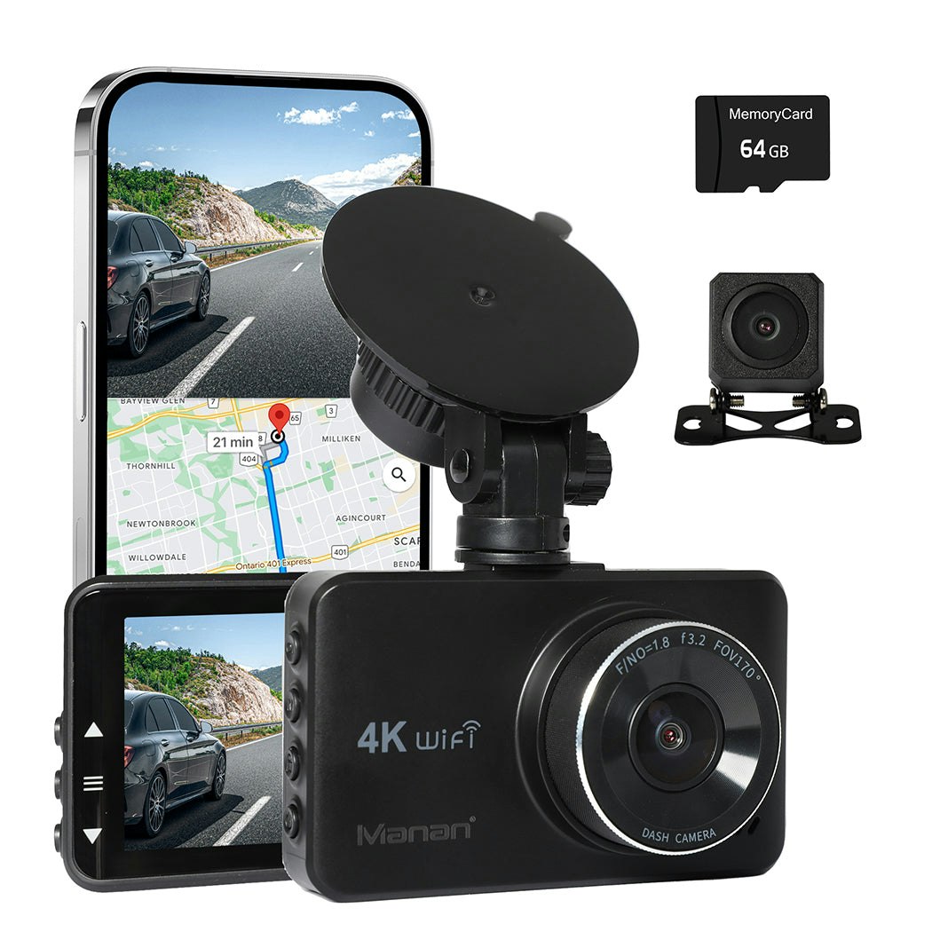 Dual Dash Camera Front and Rear Wifi 4K GPS Dashcam Car Camera Free 64G Card