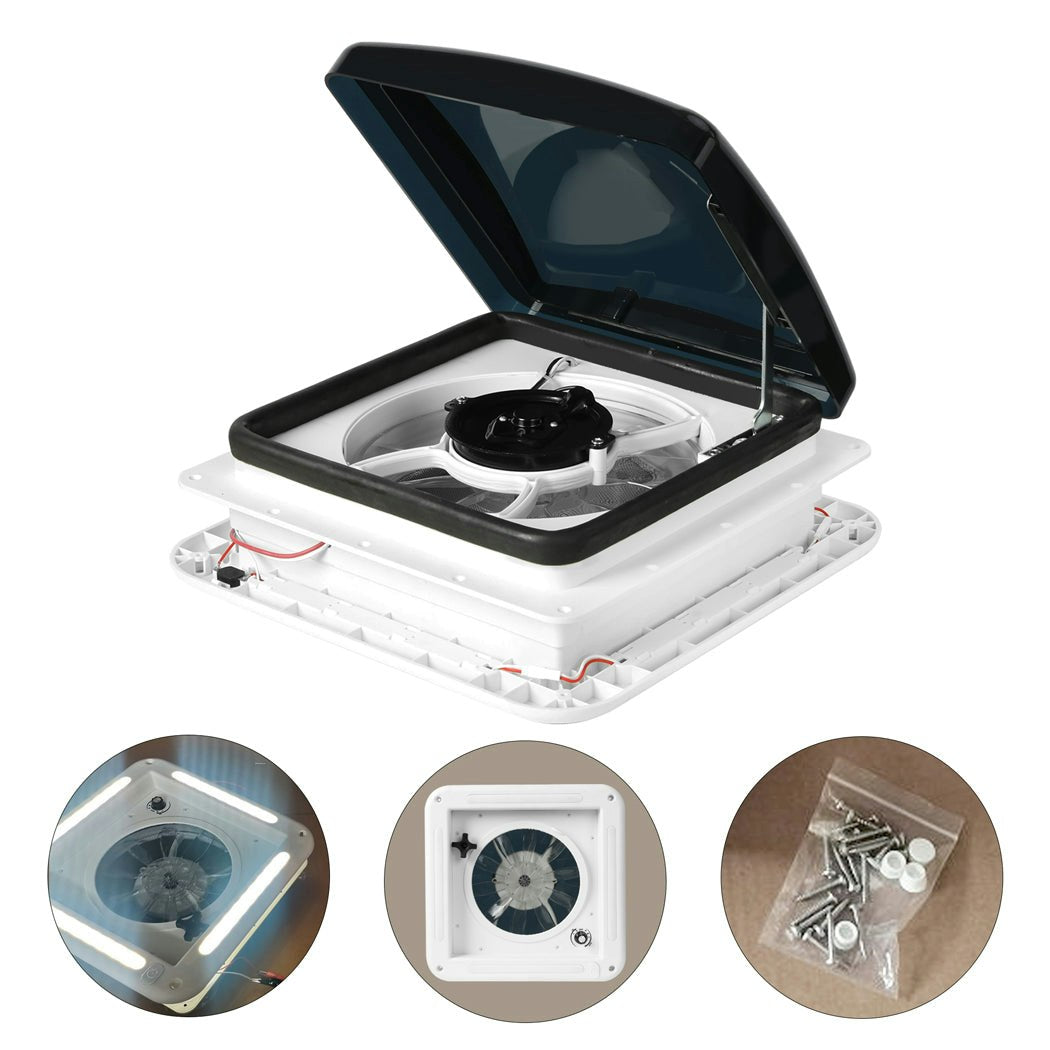 Manan Caravan Roof Air Vent 12V Fan with 4 LED Light Bar RV Shower Hatch Exhaust