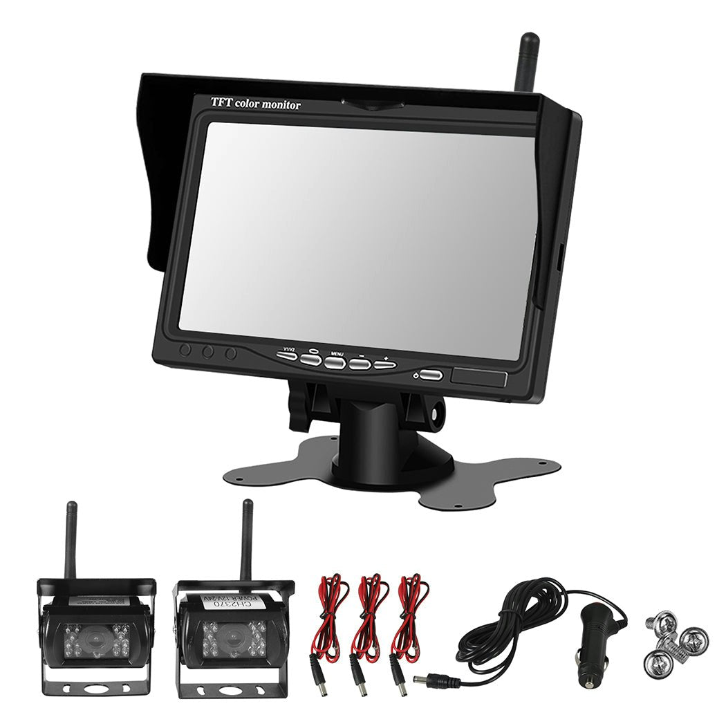 7" Wireless Rear View Monitor +2 WIFI Reverse Camera Kit Caravan Bus Truck 12V