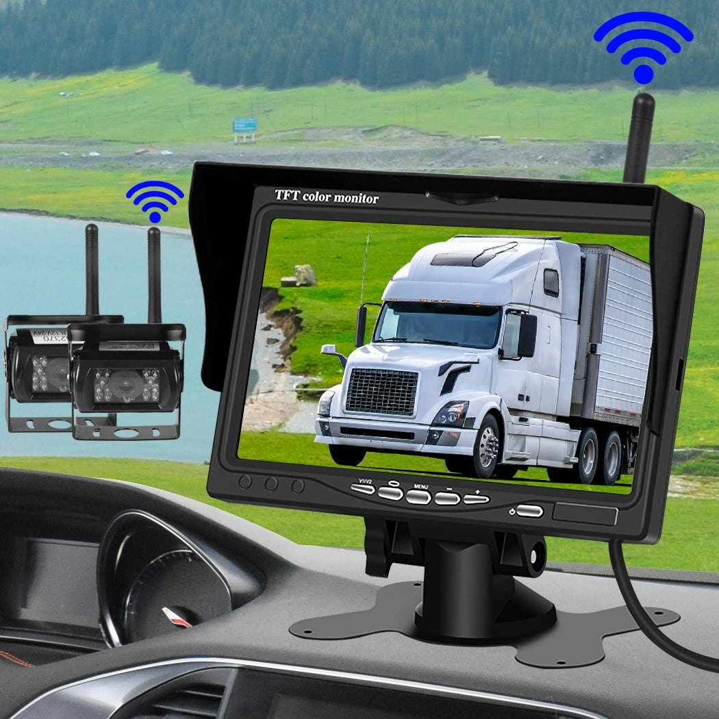 7" Wireless Rear View Monitor +2 WIFI Reverse Camera Kit Caravan Bus Truck 12V