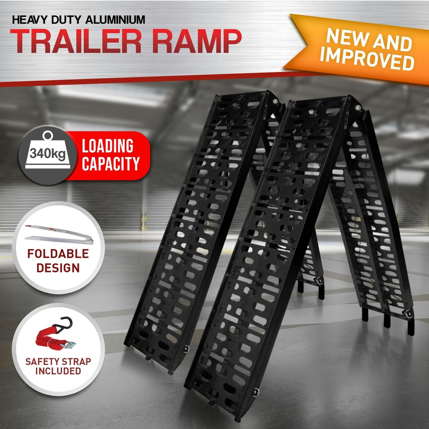 Kartrite 2x Aluminium ATV Loading Ramp Foldable - Black