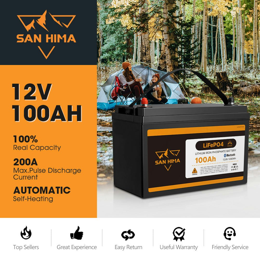 San Hima 12V 100Ah Lithium Iron Phosphate Battery LiFePO4 w/ Self-heating Function & Bluetooth