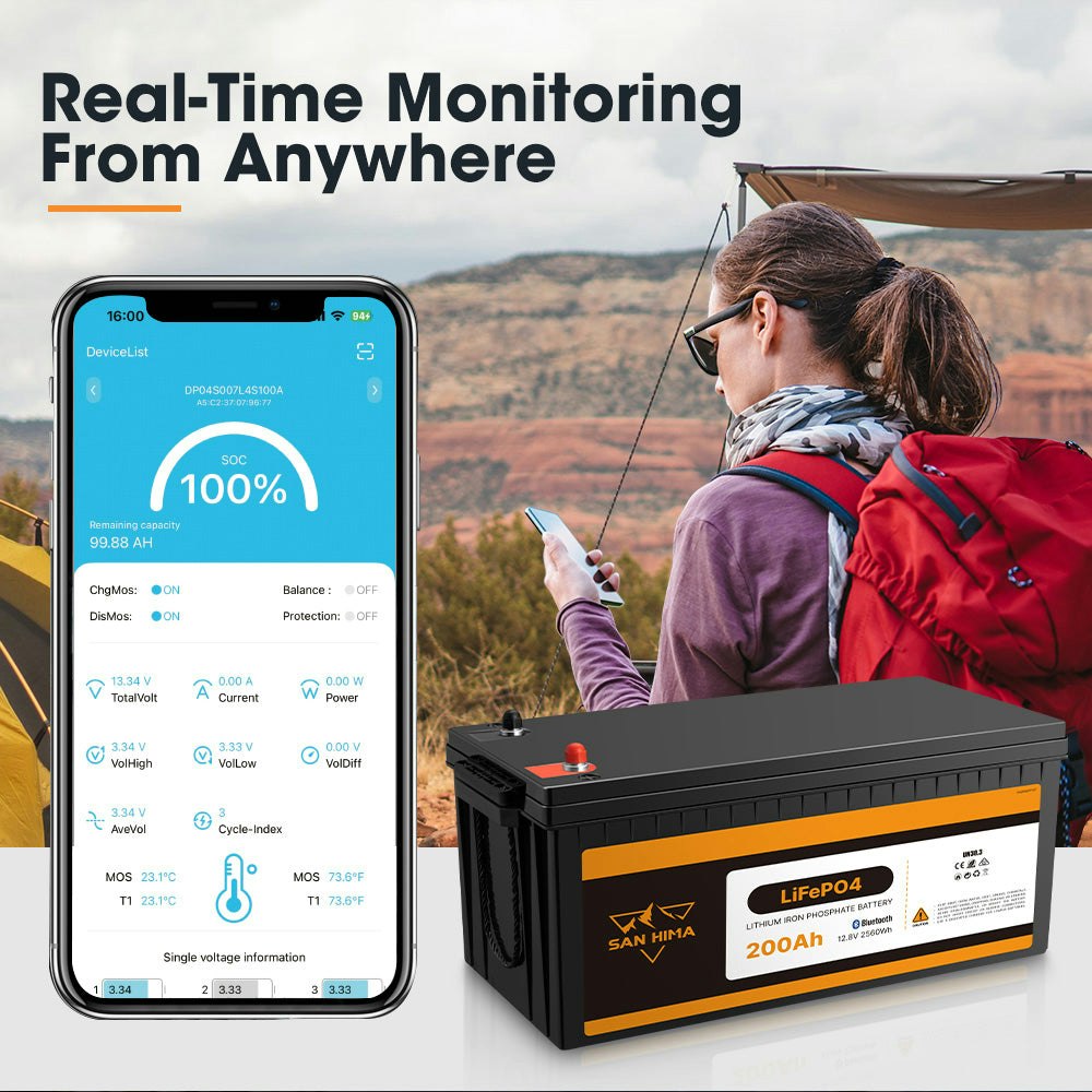 San Hima 12V 200Ah Lithium Iron Phosphate Battery LiFePO4 w/ Built-in BMS Bluetooth