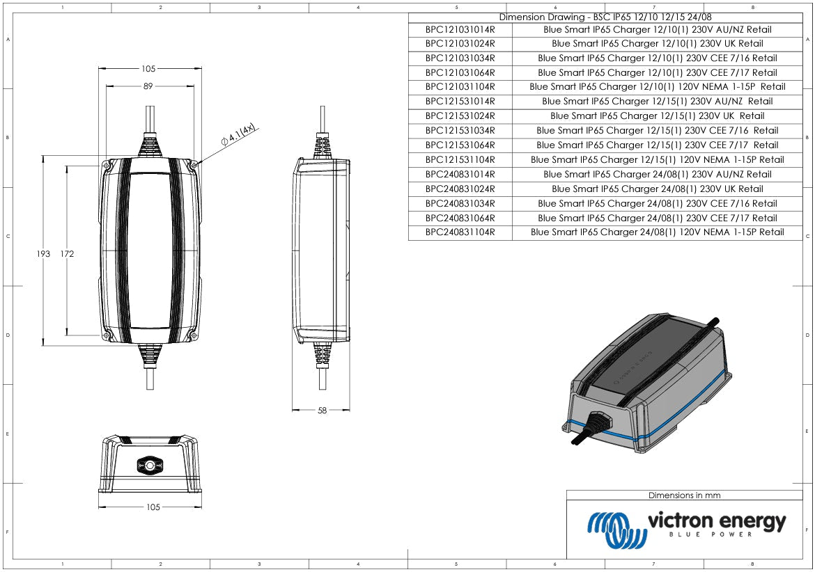 Victron 24V 8A Blue Smart IP65 24/8 AU/NZ Battery Charger