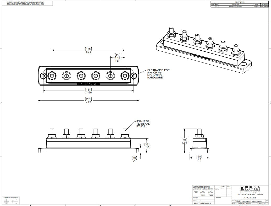 Blue Sea Busbar 250A 6P/Terminals - 5/16