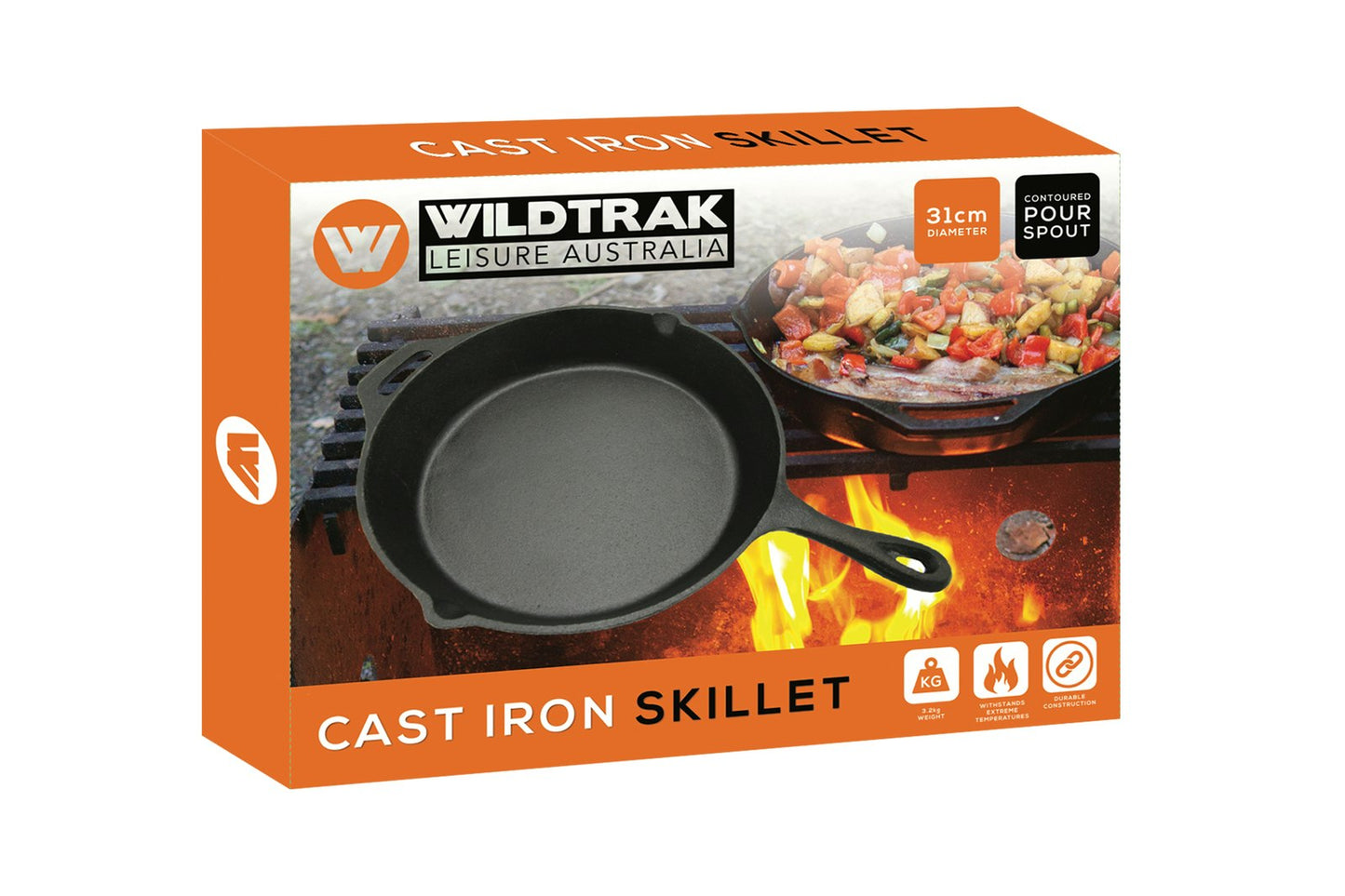 Wildtrak Round 31cm Cast Iron Skillet Pan w/ Pour Spout Camping Cookware Black