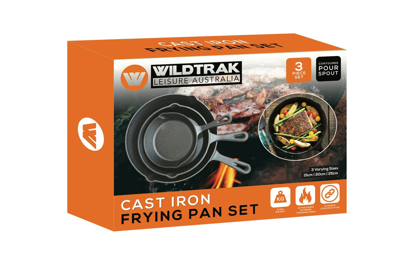 3pc Wildtrak 15/20/25cm Cast Iron Frying Pan Set Camping Cookware Frypan Black